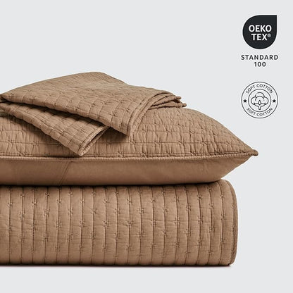 EVERGRACE Cross Stitch Pre-Washed Cotton Quilt Bedding Set Queen Size, Oversized 3 Pieces Lightweight Bedspread Coverlet for All Season, with 2 Matching Shams, Camel Brown, 92"x96"