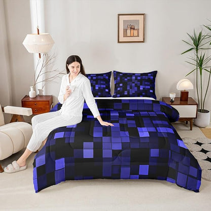 Pixelated Miners Game Kids Bedding Set King Size,Video Games Cartoon Gamepad Comforter Set，Modern Geometric Check Quilt Comforter,Dark Blue Bedroom Duvet Insert,2 Pillowcases