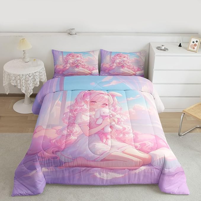 Erosebridal 3D Japanese Girl Bedding Sets Queen - Romance Style Comforter Set for Kids Adults Japanese Anime Girly Duvet Insert Anime Gifts Quilt