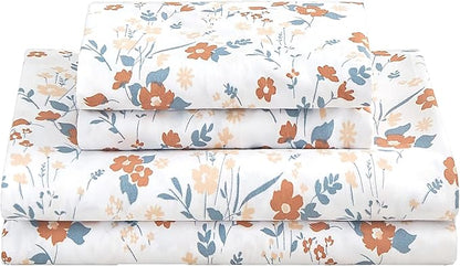 Softan Floral Full Sheet Set, Orange Flower Printed Bed Sheets - 4 Piece Soft Microfiber Patterned Fitted Sheets with 15" Deep Pocket & Non-Slip Straps, Cute Flower Sheets & Pillowcase Set