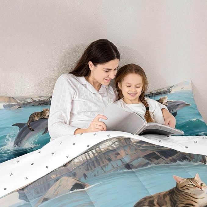 Erosebridal Kawaii Cat Comforter Set Queen Size Dolphin Quilt Insert for Kids Girls Boys Cute Kitten Sea Waves Natural Ocean Blue Yellow Comforter Warm Soft Bedding Set