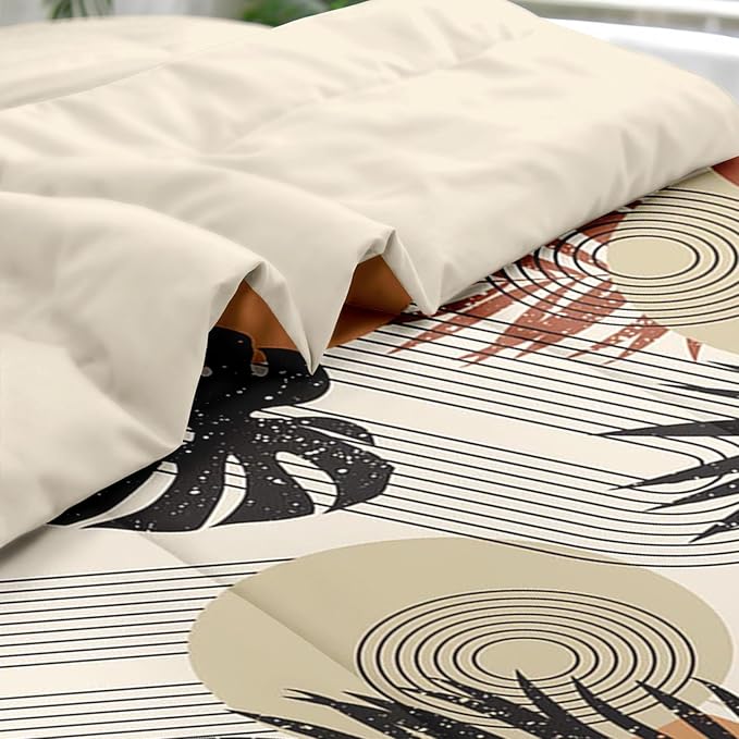 Comforter Set King Size, Boho Retro Leaves Beige 7 Pcs Bedding Set for Kids and Adults, Bohemian Tropical Flower Bed Sheet Sets with Fitted Sheet 2 Pillowcase & 2 Sham for Bedroom Bed Decor