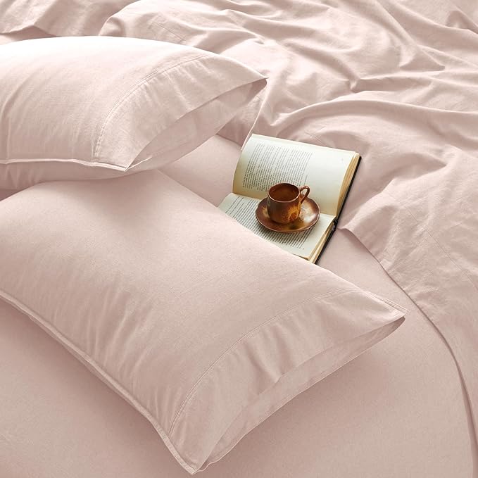 4Pcs Organic Linen Sheets California King, 100% French Linen from Normandy, Tear-Resistant Pink Cal King Sheet Set with 16 Inch Deep Pocket, 1 Flat Sheet, 1 Fitted Sheet, 2 Pillowcases