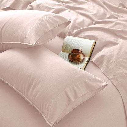 4Pcs Organic Linen Sheets Full Size, 100% French Linen from Normandy, Breathable Pink Full Sheet Set with 16 Inch Deep Pocket, 1 Flat Sheet, 1 Fitted Sheet, 2 Pillowcases