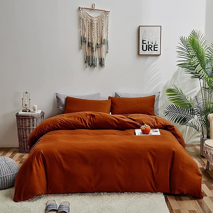 KAREVER Burnt Orange Comforter Set Queen Rust Bedding Set Women Solid Rust Bed Comforter Set Plain Burnt Orange Breathable Blanket Men Terracotta Color Lightweight Quilts Set Queen Size