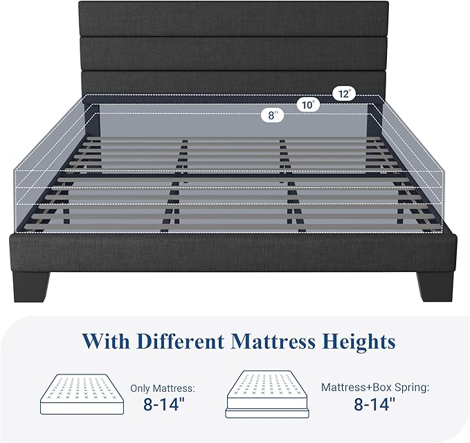 Allewie King Size Platform Bed Frame with Fabric Upholstered Headboard Gray | Wooden Slats Support, Fully Upholstered Mattress Foundation, No Box Spring Needed, Easy Assembly, Noise-Free, Dark Grey