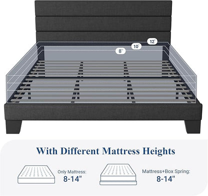 Allewie King Size Platform Bed Frame with Fabric Upholstered Headboard Gray | Wooden Slats Support, Fully Upholstered Mattress Foundation, No Box Spring Needed, Easy Assembly, Noise-Free, Dark Grey