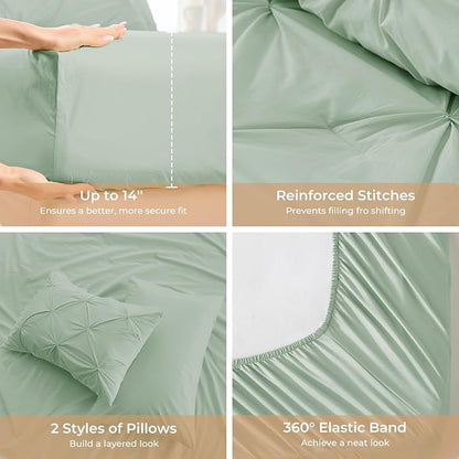 Sasttie King Size Comforter Set, 7-Piece Bed in a Bag, Pintuck Bedding Sets for All Season, Includes Comforter, Flat Sheet, Fitted Sheet, Pillowcases and Pillowshams, Light Sage Green