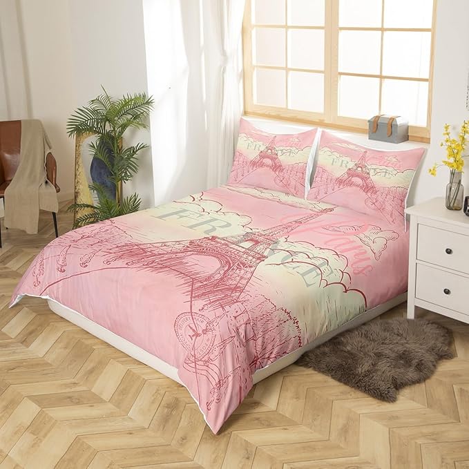 Castle Fairy Eiffel Tower Bedding Set Retro Paris Style Duvet Cover Set Vintage Cityscape Comforter Cover Girls Women Landmark Bedspread Cover Bedroom Quilt Cover King with 2 Pillowcase,No Comforter
