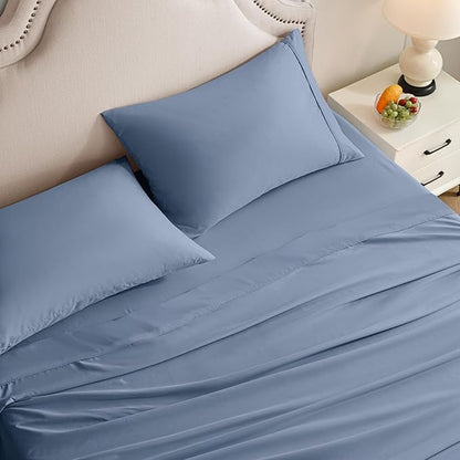 Full Size Bed Sheets Set, 4 Pieces Hotel Luxury Soft Microfiber Bed Sheets Set, Up to 16" Deep Pockets, Oeko-Tex Sheets with Elastic, Breathable, Wrinkle Free (Grey Blue, Full)
