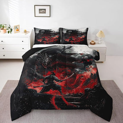 Feelyou Dragon Comforter Set Queen Size Japanese Style Comforter for Boys Girls Teens Samurai Bedding Set Dragon Decor Duvet Set Room Decor Black Red Quilt Set
