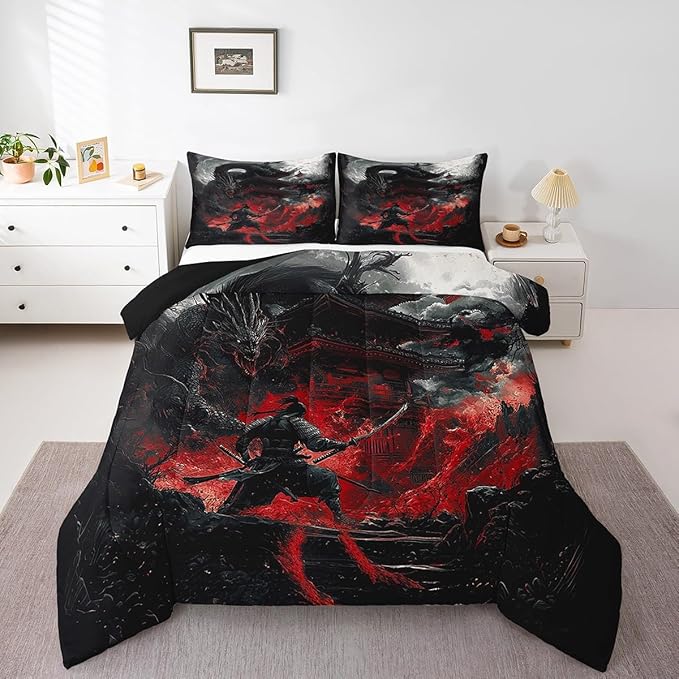 Feelyou Dragon Comforter Set King Size Japanese Style Comforter for Boys Girls Teens Samurai Bedding Set Dragon Decor Duvet Set Room Decor Black Red Quilt Set