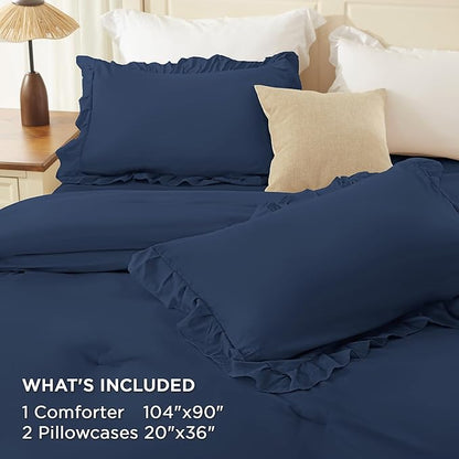 Andency Navy Blue King Comforter Set (104x90Inch), 3 Pieces Ruffle Comforter Set with 2 Pillowcases, Farmhouse Shabby Chic Lightweight Fluffy Soft Polyester All Season Bed Set