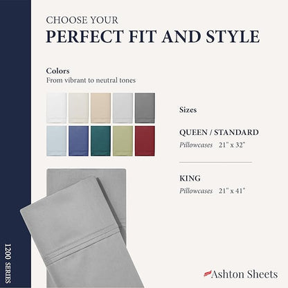 Ashton Sheets 100% Egyptian Cotton Pillow Cases King Size Set of 2 - Luxury 1200 Thread Count Sateen Weave Light Grey Pillow Covers, Silky Soft Extra Long Staple Pillowcases, Fits King Size Pillows