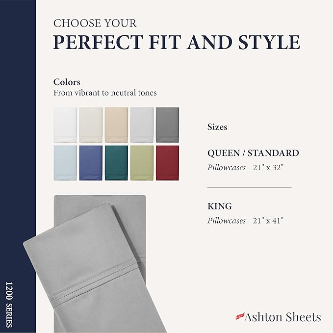 Ashton Sheets 100% Egyptian Cotton Queen Pillow Cases Set of 2 - Luxury 1200 Thread Count Pillow Cases Queen Size (Light Grey), Soft, Cooling Hotel Collection Pillowcases, Fits Queen Standard Pillow