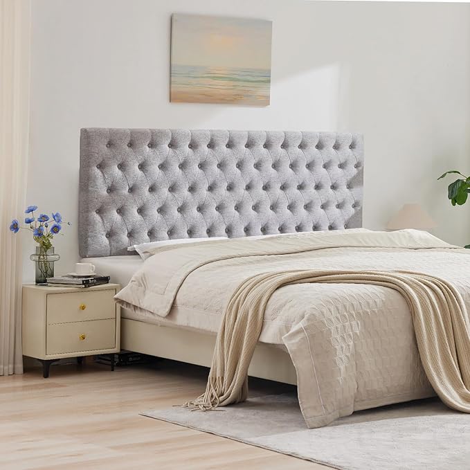 Upholstered Queen Headboard Only, Premium Linen Button Tufted Headboards, Adjustable Solid Wood Head Board, Padded Headboard with Solid Wood Legs in Bedroom (Grey)