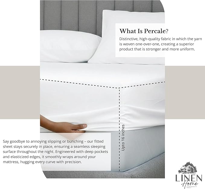 Linen Home 100% Cotton Percale Sheet Set, Queen Size, Snow White, Deep Pocket, 6 Pieces Set - 1 Flat, 1 Deep Pocket Fitted Sheet and 4 Pillowcases, Crisp Cool and Strong Bed Linen