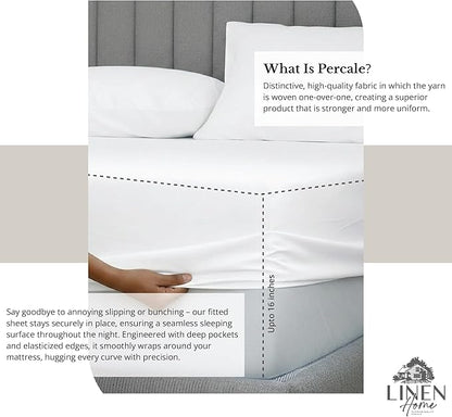 Linen Home 100% Cotton Percale Sheet Set, Queen Size, Snow White, Deep Pocket, 6 Pieces Set - 1 Flat, 1 Deep Pocket Fitted Sheet and 4 Pillowcases, Crisp Cool and Strong Bed Linen