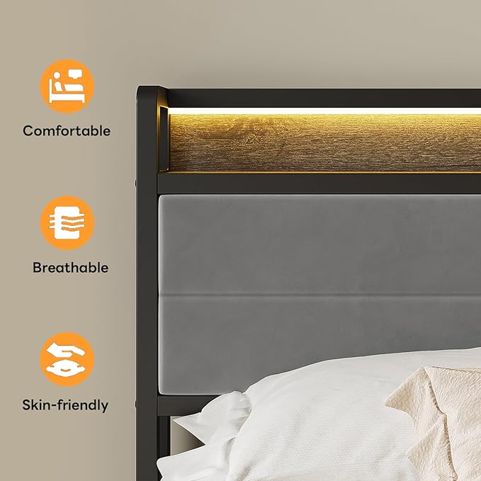 LIKIMIO Queen Bed Frame with Storage Headboard and LED Lights, Metal Platform Bed with Charging Station, Noise Free, No Box Spring Needed, Under Bed Storage, Charcoal Gray