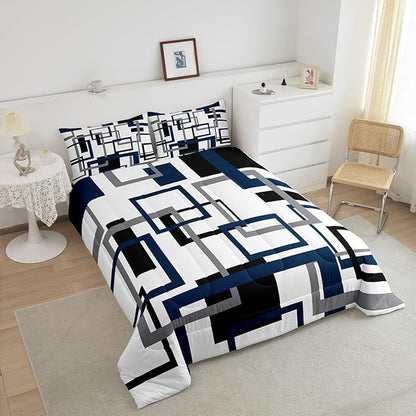 Erosebridal Square Comforter for Kids Boys Girls,Black and Grey White Navy Blue Bedding Set,Geometric Quilt Set Queen,Fashion 3D Grid Striped Duvet Insert with 2 Pillowcases Lightweight