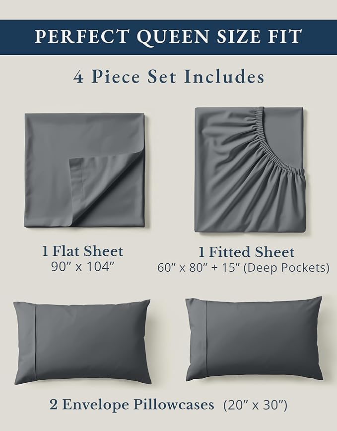 LANE LINEN Sustainably Produced 100% Organic Cotton Queen Size Bed Sheets, Soft & Comfy Naturally Cooling Percale Cotton Sheets, Low Pill Fade Resistant 15" Deep Pocket Queen Sheets– Charcoal