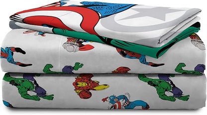 Jay Franco Kids Sheet Cartoon Set with Fitted, Flat Sheets & Pillow Cover - Ultra-Soft Bedding with Pillowcase for Room Decor, White - Avengers, 4 Piece Full
