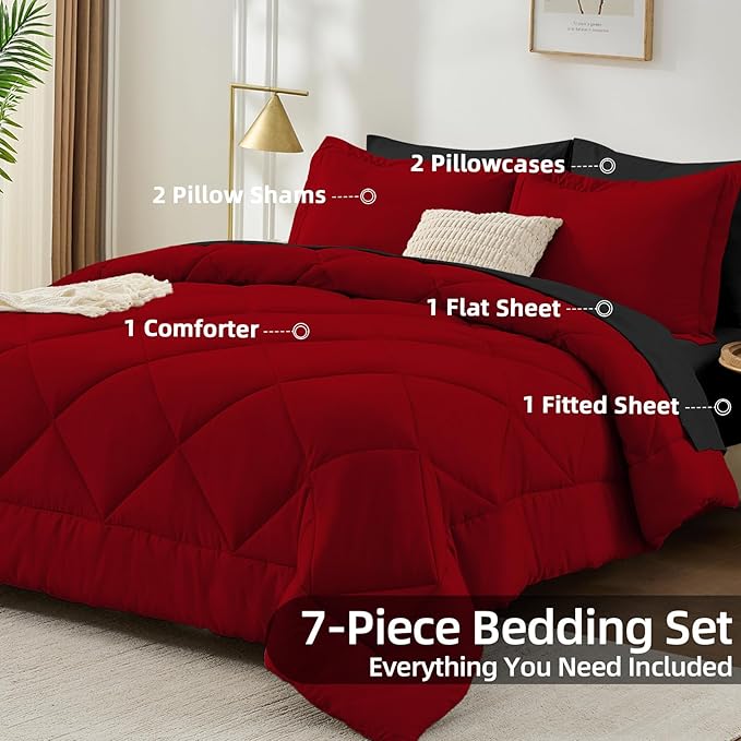 FUANNA 7 Pieces Queen Comforter Set, All Season Bed in a Bag Queen Size, Luxury Soft Bedding Sets with Comforter, Flat Sheet, Fitted Sheet, Pillowcases & Pillow Shams, Red & Black