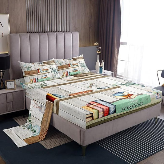 Watercolor Books Bed Sheets Set Reading Time Girls Women Fitted Sheet Rustic Farmhouse Style Bedding Set for Bedroom Decor Floral Leaves Sheet (King Flat Sheet & Fitted Sheet with 2 Pillow Case)