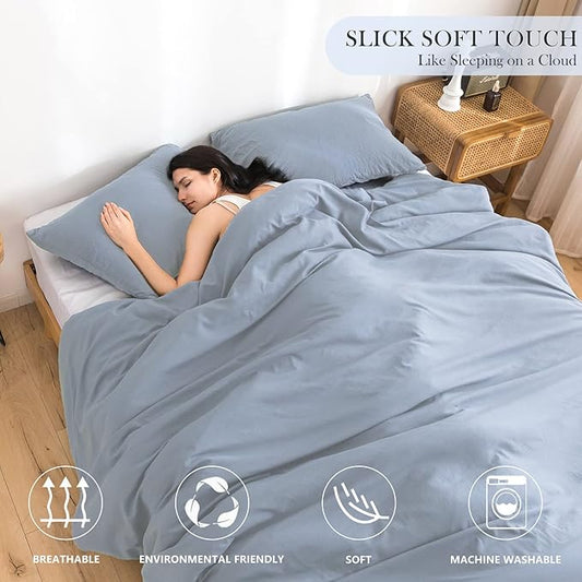 COTTEBED Solid King Bedding Comforter Sets - Super Soft Fully Thin Lightweight Washed Cotton Microfiber - 1 Bed Blanket Down Comforter and 2 Pillow Shams Set (King/California King,Light Dusty Blue)