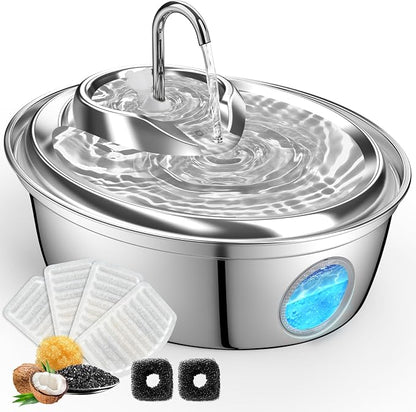 ORSDA Cat Water Fountain Stainless Steel, Cat Fountains for Drinking, 67oz/2L Automatic Pet Fountain Water Dispenser with Water Level Window for Cats and Small Dogs - 3 Filters +1 Pump Sponges