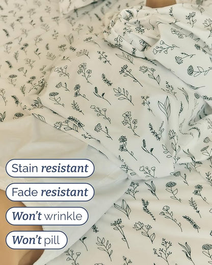 Floral Sheets - Black & White Floral Bed Sheet Set - 1 Flat, 1 Fitted & 2 Pillowcases w/ Deep Pockets - Wrinkle & Fade Free - Boho Botanical Bedding - Ultra-Soft, Breathable & Cooling - King Size Set