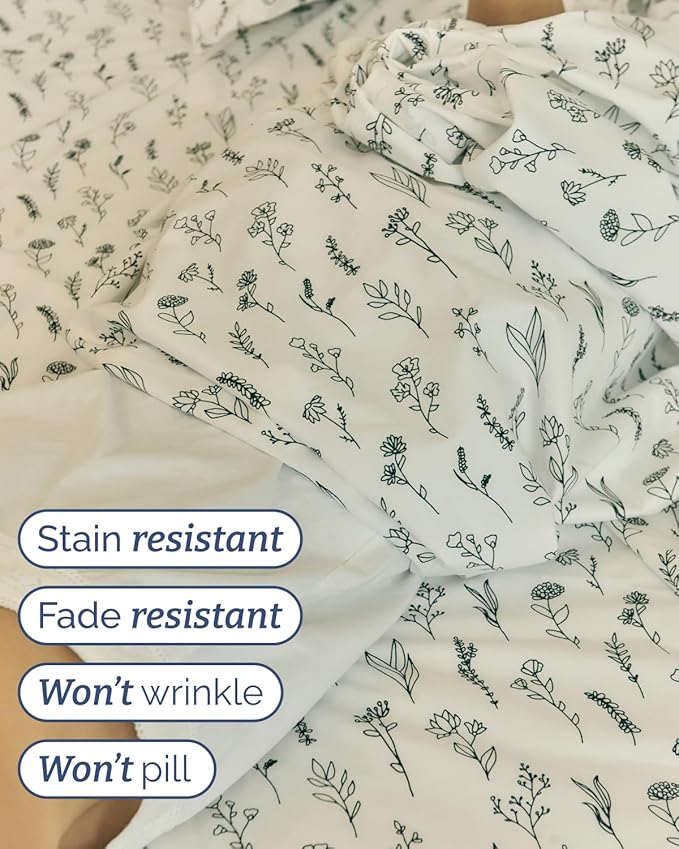 Floral Sheets - Black & White Floral Bed Sheet Set - 1 Flat, 2 Fitted & 2 Pillowcases w/ Deep Pockets - Wrinkle & Fade Free - Boho Botanical Bedding - Soft, Breathable & Cooling - Split King Size Set