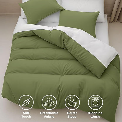 Pure Bedding Duvet Cover Queen Size - 3 Pieces Extra Soft Bedding Set, Includes 1 Duvet Cover 90x90 Inches with Zipper Closure & 2 Pillow Shams, Comforter Not Included, Olive Green
