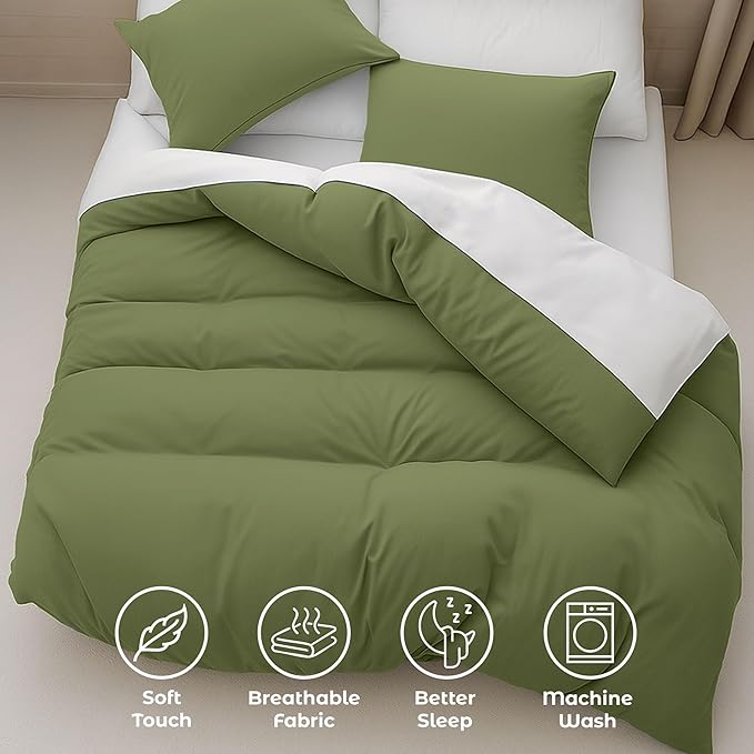Pure Bedding Duvet Cover King Size - 3 Pieces Extra Soft Bedding Set, Includes 1 Duvet Cover 104x90 Inches with Zipper Closure & 2 Pillow Shams, Comforter Not Included, Olive Green