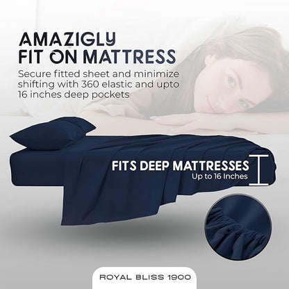 Twin XL Sheets - 3 Pcs Double Brushed Microfiber Cooling Set, Deep Pocket - Navy Blue