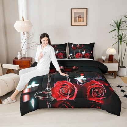 Erosebridal 3D Rose Wine Glass Bedding Sets King Girls Romantic Eiffel Tower Comforter Women Floral Fruit Quilt Red Black Flower Bedding Quilted Soft Microfiber Down Comforter with 2 Pillowcases,Gray