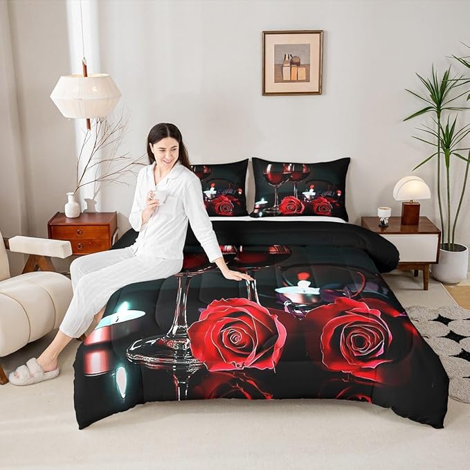 Erosebridal Rose Wine Glass Comforter Set for Girls Eiffel Tower Bedding Set Twin Size Red Black Rose Floral Quilt Set Banquet Flower Blossom Romantic Valentine's Day Duvet Set, Grey Comforter Set