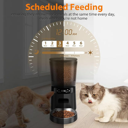 Automatic Cat Feeder, Cat Food Dispenser with Stainless Steel Bowl, Timed Portion Control 20 Portions 6 Meals Per Day, Voice Recorder, Dual Power Supply for Small Dogs