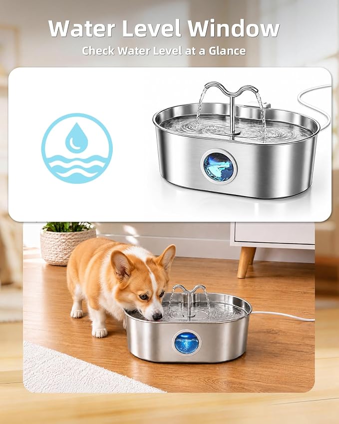 8L/270oz/2Gallon Stainless Steel Dog Water Fountain Pet Fountain | Automatic Pet Water Dispenser - Self-Designed Filtration System - Ultra-Quiet Pump - Easy Cleaning & Maintenance (3 Filters)