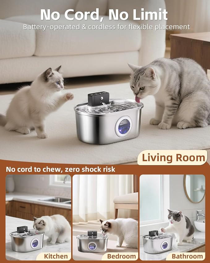 Cordless 3.2L/108oz Stainless Steel Cat Water Fountain Pet Fountain | Rechargeable Pet Water Dispenser - Motion Sensor Activation - Multi-Layer Filtration - Ultra-Quiet Pump (4 Filters)