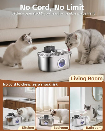 Cordless 3.2L/108oz Stainless Steel Cat Water Fountain Pet Fountain | Rechargeable Pet Water Dispenser - Motion Sensor Activation - Multi-Layer Filtration - Ultra-Quiet Pump (4 Filters)