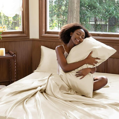 CozyLux Satin Sheets King Size Sheet Set - 4 Piece Silky King Sheets, Luxury Champagne King Bed Set with Smooth and Soft Microfiber, Includes 1 Fitted Sheet, 1 Flat Sheet and 2 Pillowcases
