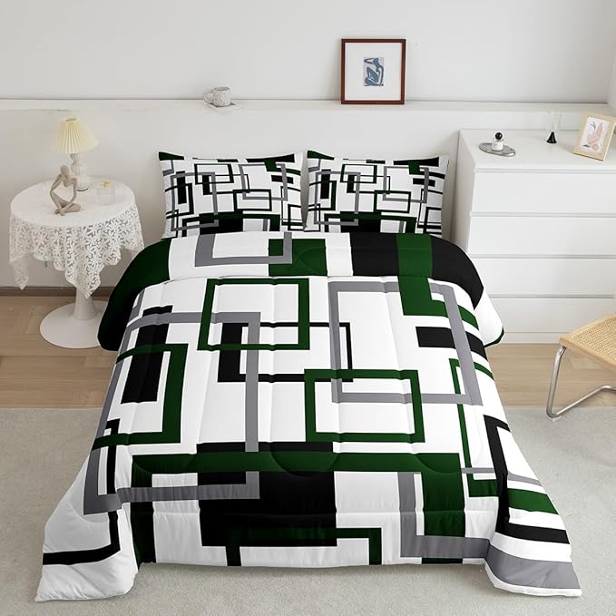 Erosebridal Black and White Green Queen Comforter Set,Squares Bedding Set for Kids Boys Girls,Modern Geometric Quilt Set,Mid Century Novelty Duvet Insert with 2 Pillowcases Warm