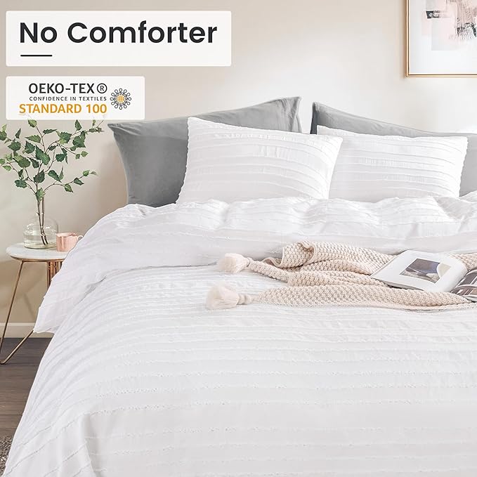 NEXHOME PRO Duvet Cover Full,White 3 Pieces Boho Tufted Duvet Cover Set, Soft and Lightweight 100% Washed Microfiber Comforter Cover Set for All Season(White Full, 80 x 90)-No Comforter