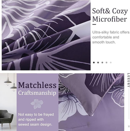 Menghomeus King Size Comforter Set Dark Purple Floral Bedding Comforter Sets Soft Microfiber Bed Comforter Set for All Season, 3 Piece Botanical Flowers Comforter, Pillowcases