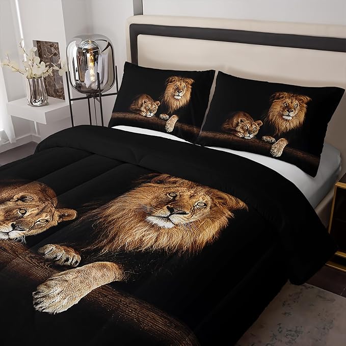 Lion and Lioness Comforter Set King Size,Lion Bedding Set King,King Animal Print Black Comforter Set,Tropical African Animal 3D Print Bedding Black Bed Set