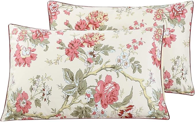WINLIFE 100% Cotton Pillowcases Floral Printed Pillow Cases Set of 2 Red Flowers and Green Branches Leaf Pattern Pillow Cover Queen 20x30''