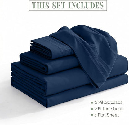 Elegant Comfort Luxurious 1500 Premium Hotel Quality Microfiber Three Line Embroidered Softest 5-Piece Bed Sheet Set, Wrinkle and Fade Resistant, Split King, Navy Blue