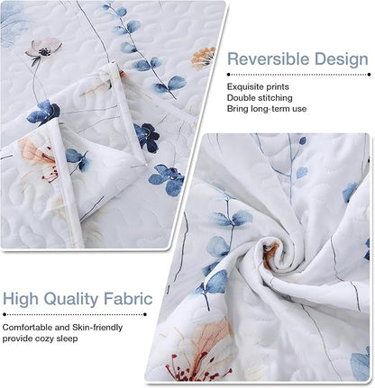 King Size Quilt Bedding Set, White Floral Lightweight Quilts for Bed Botanical Pattern Reversible, Soft Elegant Quilted Bedspread with 2 Pillow Shams Coverlet Sets (104"×90")