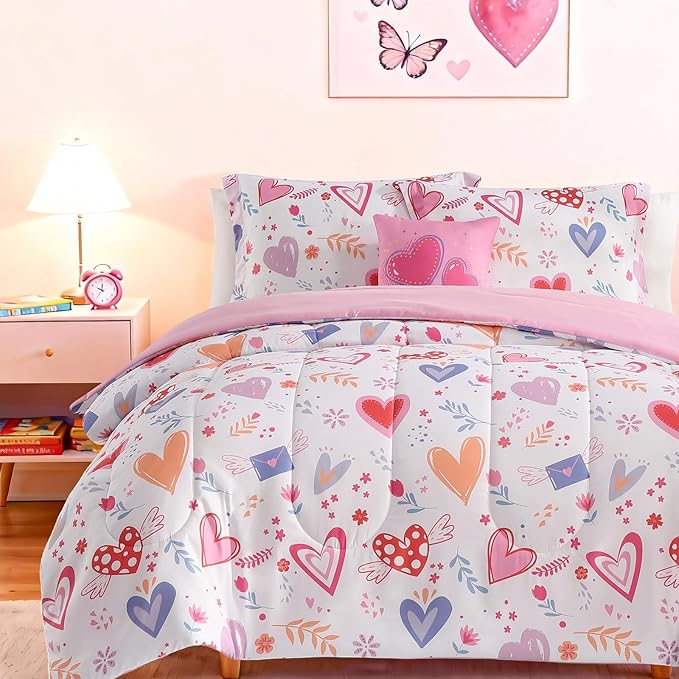 Twin Comforter Set for Girls-3 Pieces Heart Love Twin Bedding Sets for Kids,1 Comforter,1 Sham and 1 Decor Pillow